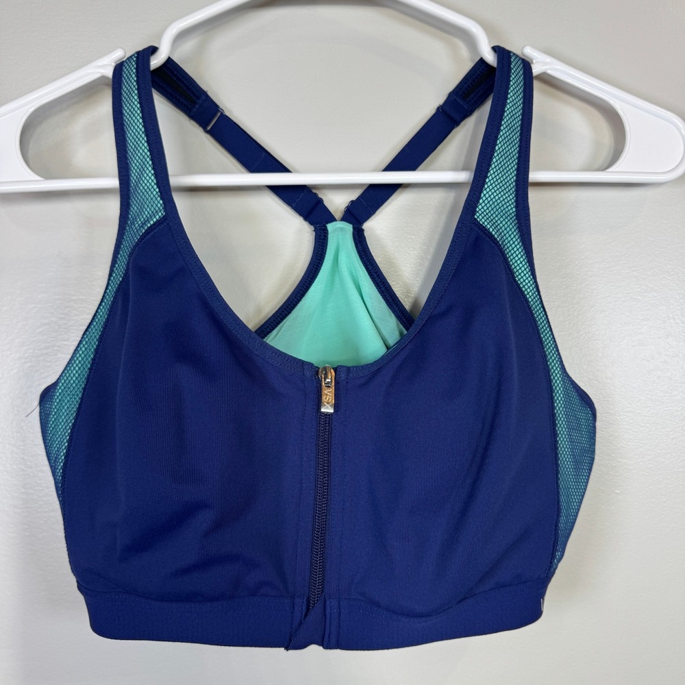 Victoria's Secret VSX Sport Bra Blue Mint Green Front Zip Maximum Support 36B